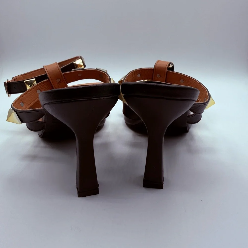 Nicole Miller NY Gold Studded Black Heeled Sandals – Ankle Strap Fashion Heels - Picture 12 of 16